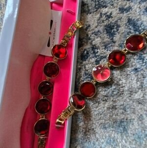 Isaac Mizrahi Live Watch And Bracelt Set Red Jewel Gold Tone NWT